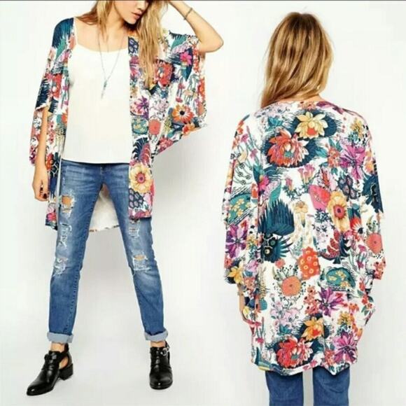 Sheer Lightweight Hippie-Chic Floral Print Kimono-Style Wrap Size Large 🌼🍃🌸 - Picture 1 of 10